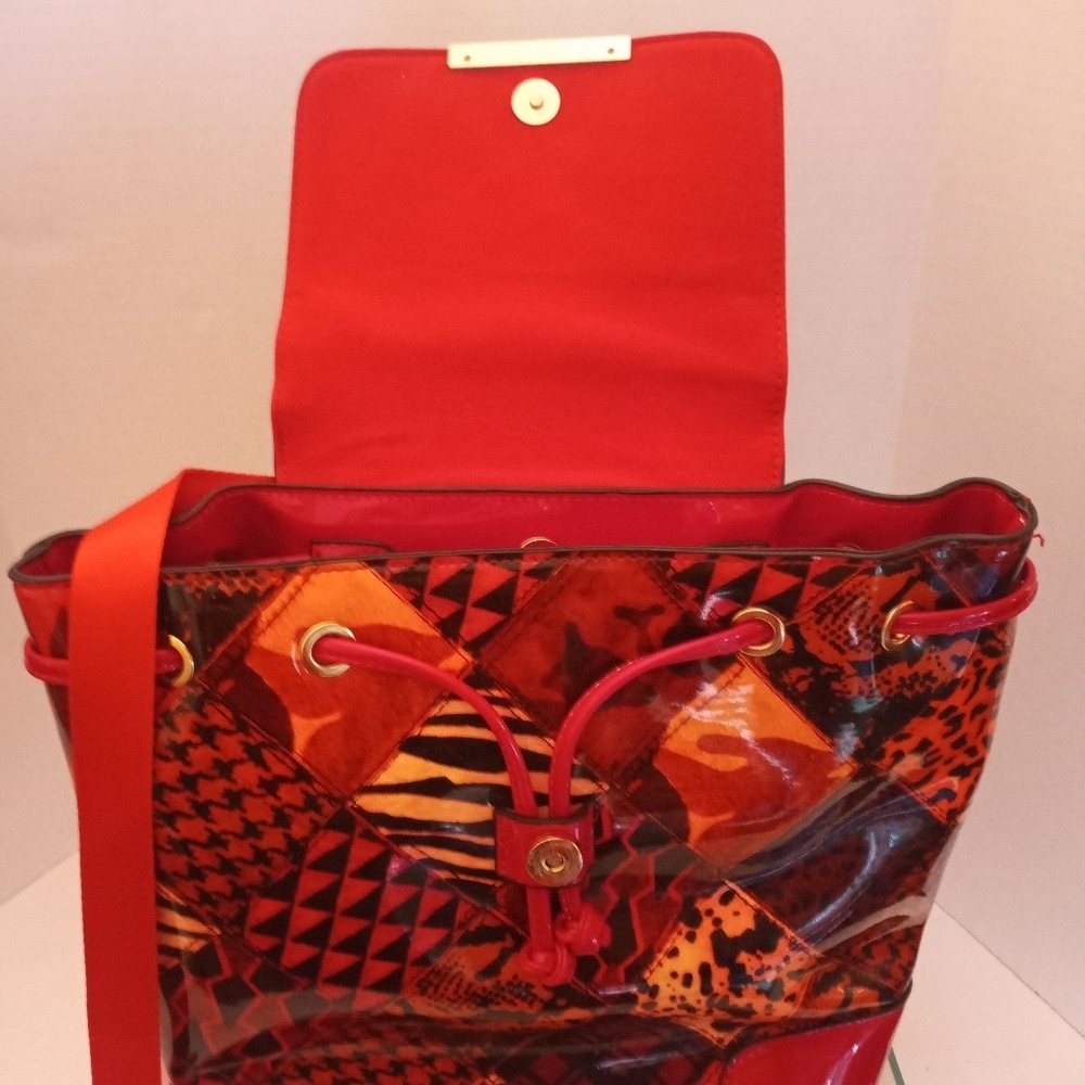 Alyssa Backpack Vegan Leather Red Geometric Shoulder School College Backpack - Picture 5 of 15